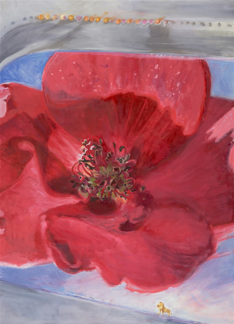 藝術家鄭君殿在作品「花 230519-為藍天而生」中,刻意放大花卉比例,讓花朵以超出現實的型態呈現在畫布上,更神來一筆以畫面中心的小天使及下方獅子,替作品意象增添更多詮釋與想像空間,這幅作品也將在他的個人展覽「時間的玫瑰」中展出。(鄭君殿工作室提供)中央社 110年3月5日