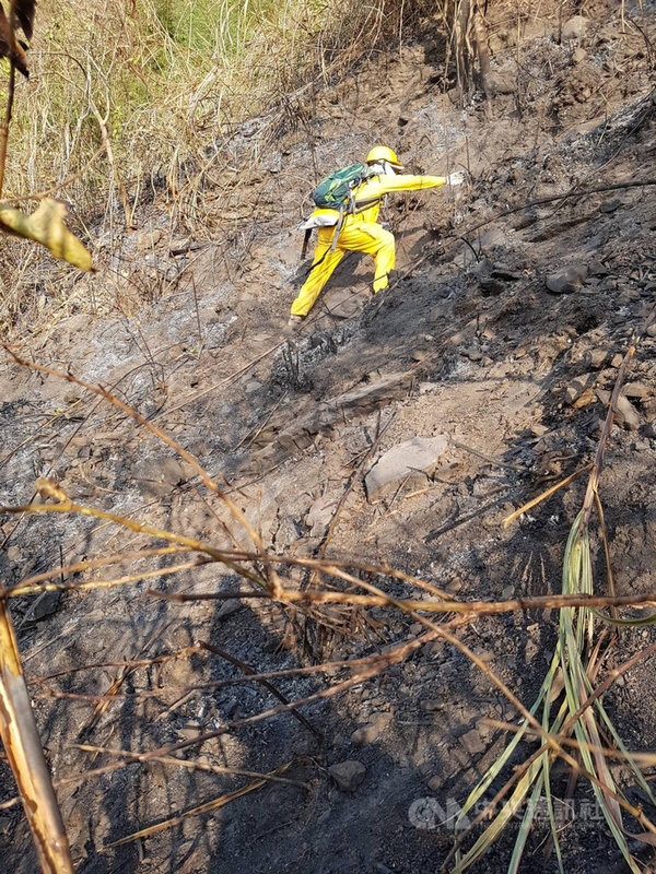林務局嘉義林區管理處20日指出,阿里山公路上邊坡殘火已由森林護管員以背負式水袋滅火完畢,位於火場東南側及西南側尚有兩處明火,目前架設水線持續監控,火場面積約1.6公頃,事故原因調查中。(嘉義林管處提供)中央社記者蔡智明傳真 110年3月20日