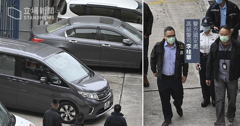 因外逃而被中國判刑的12名港人中,8人服刑期滿,22日被執法機關移交香港警方。圖為一輛警方七人車抵達天水圍警署。(圖取自立場新聞)