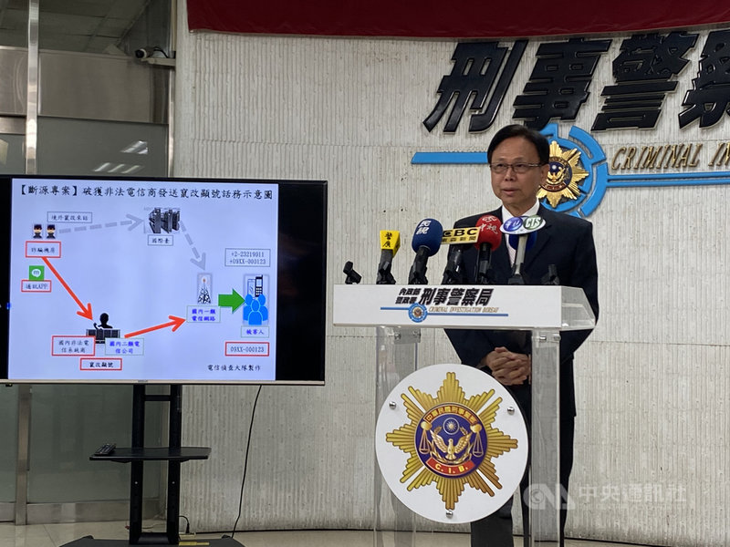 刑事局副局長鄧學鑫(圖)24日表示,以林男為首的非法電信系統商透過自行研發的篡改電話顯號程式,再結合詐騙集團進行「猜猜我是誰」方式行騙,讓民眾難以用+碼或回撥方式防騙,已循線逮5嫌送辦。中央社記者黃麗芸攝 110年3月24日