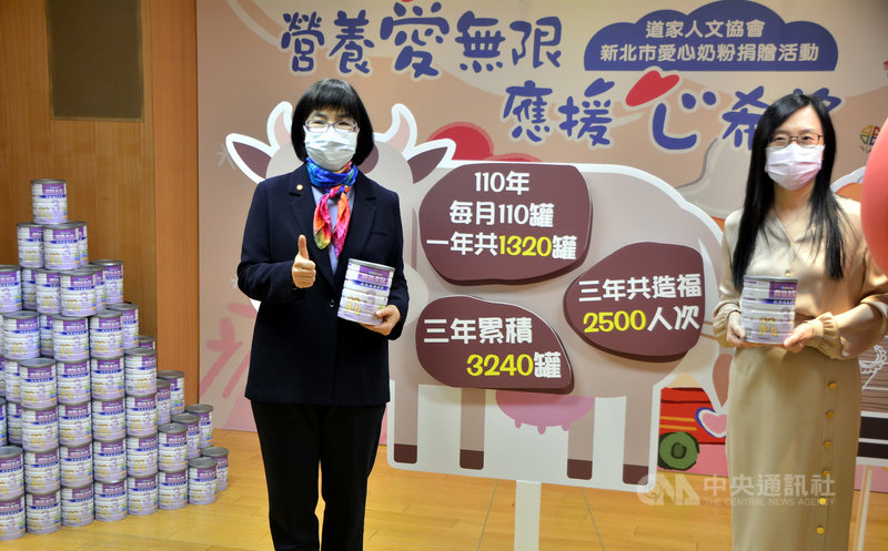 中華道家人文協會理事長張旖(右)25日在新北市政府捐贈1320罐學齡前奶粉,盼紓解弱勢家庭育兒困境,讓幼兒們補足營養,社會局長張錦麗(左)出席見證。中央社記者黃旭昇新北攝 110年3月25日