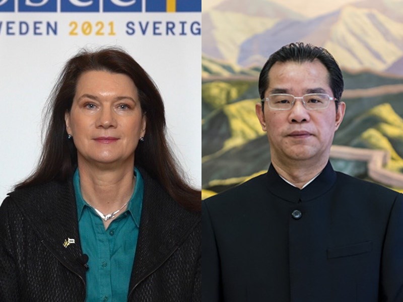 瑞典外長林德(左)23日針對中國制裁瑞典亞洲研究學者葉必揚一事,召見中國大使桂從友(右),由國務秘書芮德柏格出面接見。(左圖取自twitter.com/AnnLinde,右圖取自中國駐瑞典大使館網頁chinaembassy.se)