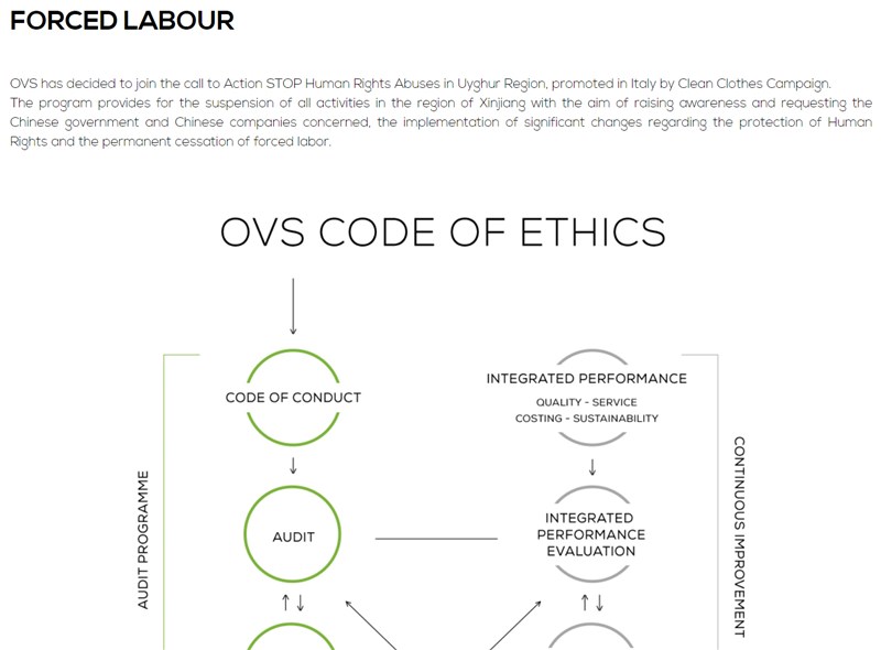OVS在官網公告指出,暫停一切有關新疆棉花的商業往來。(圖取自OVS網頁wecare.ovscorporate.it)