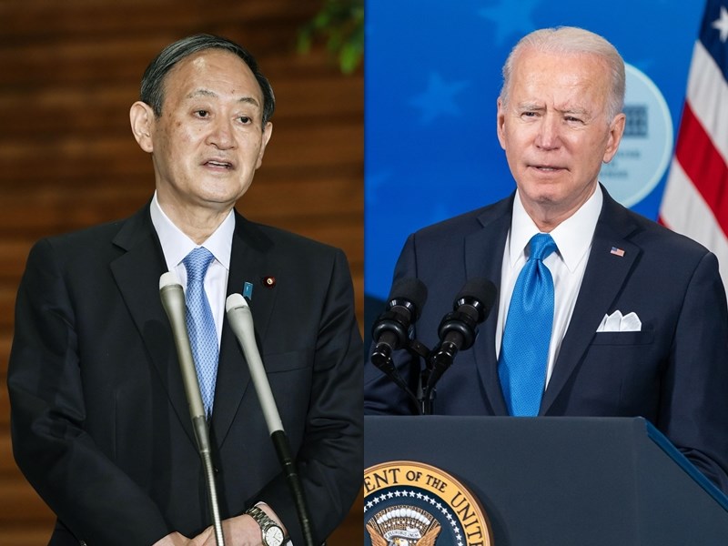 日本經濟新聞獲悉,日本首相菅義偉(左)4月訪問華府,與美國總統拜登(由)舉行峰會,兩國計劃申明台灣海峽穩定的重要性。(左圖為共同社,右圖取自facebook.com/WhiteHouse)