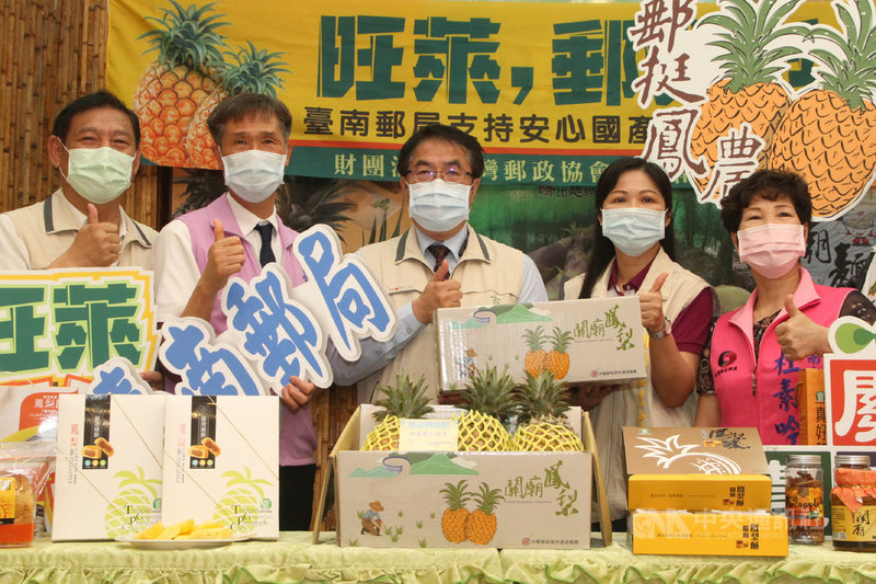 台南鳳梨即將進入盛產期,台南市政府媒合台南郵局與關廟農會,31日由市長黃偉哲(中)宣布在郵局網路商城上架關廟鳳梨。中央社記者楊思瑞攝 110年3月31日