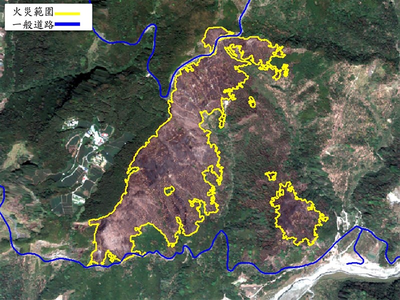 嘉義縣阿里山鄉3月間發生森林火災,中央大學太空及遙測研究中心根據衛星影像研判,受火災影響的林地面積逾70公頃。(中央大學太空及遙測研究中心提供)中央社記者許秩維傳真 110年4月1日