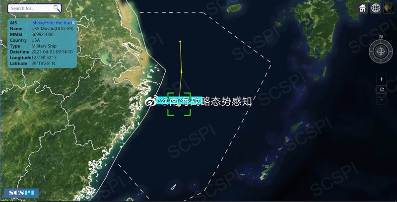 中國智庫「南海戰略態勢感知計畫」在微博上指,美軍驅逐艦馬斯廷號3日凌晨出現在東海長江口海域,「針對性明顯」。圖為智庫公布的馬斯廷號航行軌跡。(取自「南海戰略態勢感知計畫」微博)中央社 110年4月4日