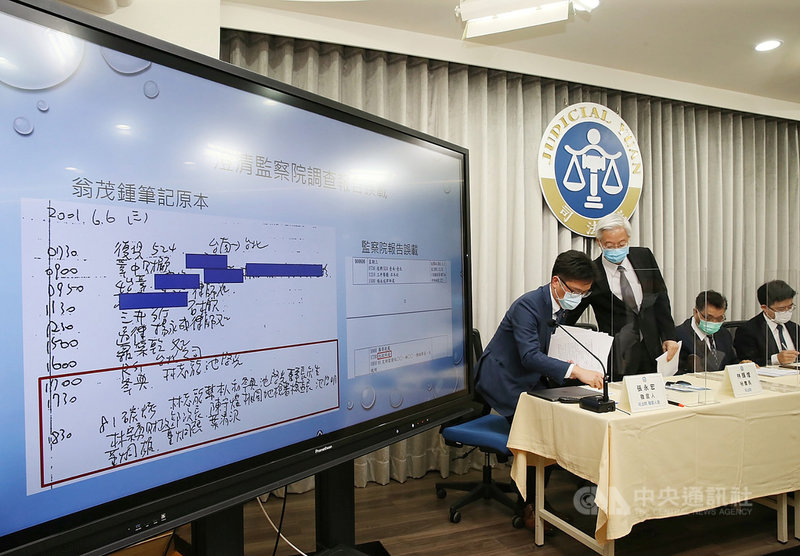 司法院7日下午公布翁茂鍾案最新調查報告,由秘書長林輝煌(左2)親自說明,會中也澄清監察院報告誤載部分。司法院發言人張永宏(左)、政風處長沈明倫(左3)、大法官書記處長許辰舟(右)出席與會中央社記者郭日曉攝 110年4月7日