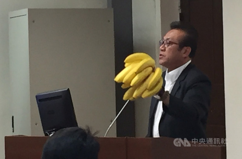 無黨籍立委蘇震清7日在立法院經濟委員會拿了一大串香蕉上台質詢,指有產地盤商用崩盤價每公斤新台幣6元收購香蕉,質疑是人為操作所致。中央社記者楊淑閔攝 110年4月7日