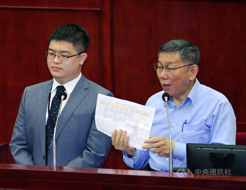 台北市長柯文哲(右)與悠遊卡公司總經理邱昱凱(左)8日在台北市議會定期大會備詢,針對邱昱凱月薪是歷年總經理最低一事,柯文哲說,去年底就已調整6大公司的薪資規定。中央社記者施宗暉攝 110年4月8日