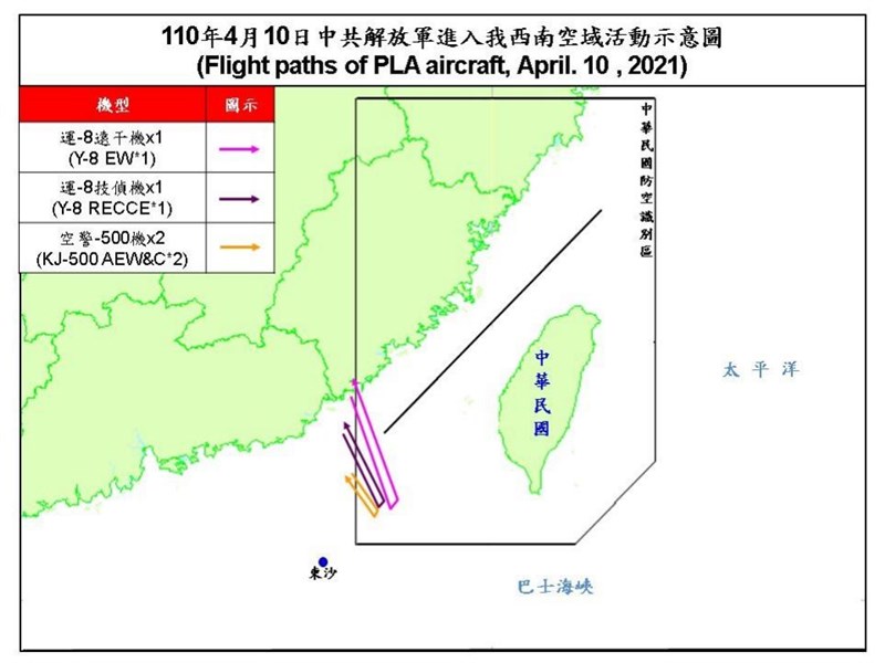 共機3日起連續8天擾台,空軍10日發布共機動態,4架共機侵犯台灣西南防空識別區。(圖取自國防部網頁mnd.gov.tw)