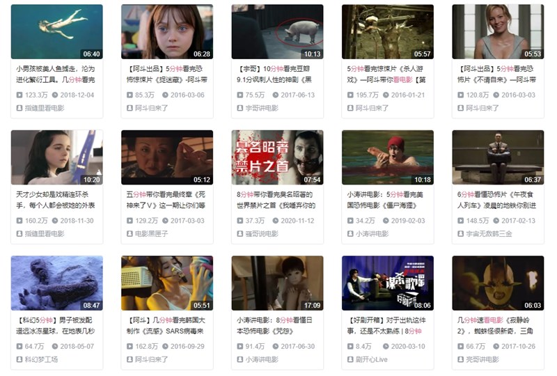 中國網路上經常見到、號稱「5分鐘帶你看大片」的劇透型前情摘要,或是影劇講評及回顧。(圖取自嗶哩嗶哩網頁bilibili.com)