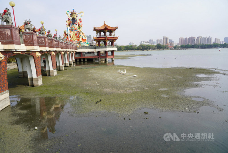 旱象未解,高雄市主要水源高屏溪的川流量一再下探,14日的川流量每秒3.8立方公尺,滯洪兼具休憩的蓮池潭水位也略降,部分湖底乾涸裸露。中央社記者董俊志攝 110年4月14日