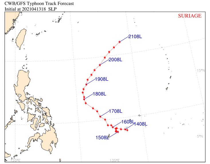 根據中央氣象局全球數值模式颱風路徑預測，輕颱舒力基會先往菲律賓移動再向東北大迴轉。（圖取自中央氣象局數值天氣預報網頁npd.cwb.gov.tw）