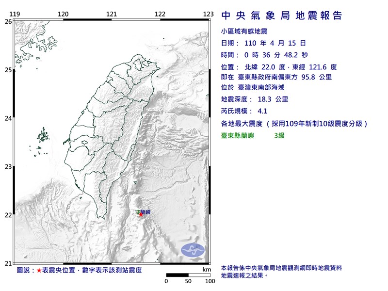 台東縣政府南偏東方95.8公里處(星號處)15日凌晨0時36分發生芮氏規模4.1的地震,最大震度3級。(圖取自中央氣象局網頁cwb.gov.tw)