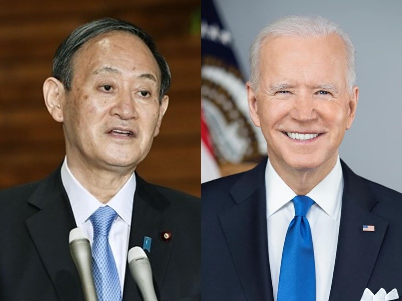 日本首相菅義偉(左)16日動身前往華府會晤美國總統拜登(右),兩人將談及中國及安全議題。(左為共同社,右取自facebook.com/POTUS)