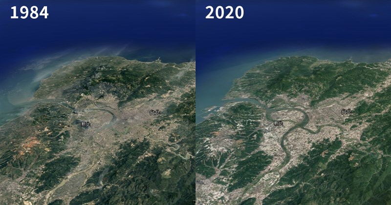 透過Google Earth的縮時攝影功能,使用者可以透過搜尋列選擇地球上任何一個地方,並觀看該地的縮時變化。圖為台北、新北1984年和2020年的衛星影像比較圖。(圖取自Google Earth網頁earth.google.com)