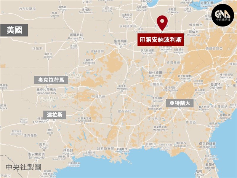 美國印第安納州印第安納波利斯市(紅標處)一處FedEx設施15日爆發槍擊案。(中央社製圖)