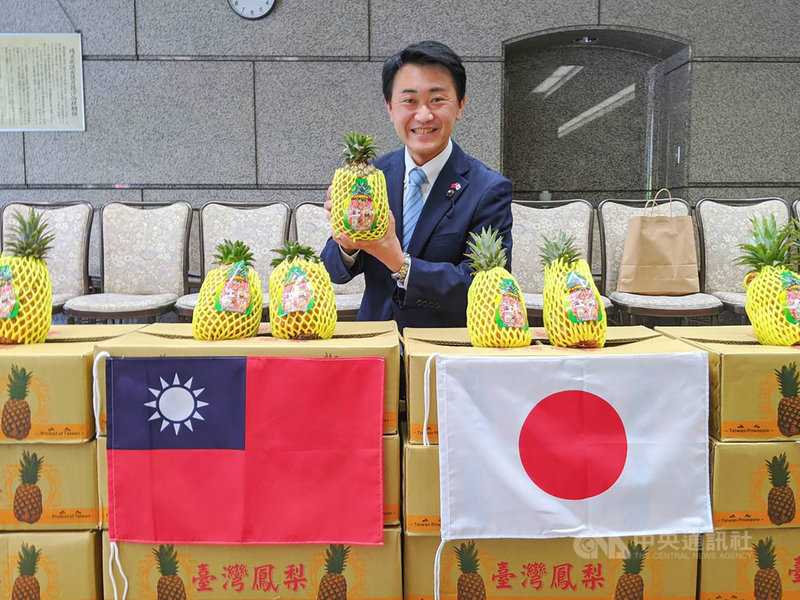 中國暫停輸入台灣鳳梨,日本埼玉縣議會日台友好連盟表達對台支持,並感謝屏東去年捐贈防疫物資,透過台灣貿易商洽談購買屏東鳳梨,並將鳳梨分送其他議員。(屏東縣政府提供)中央社記者郭芷瑄傳真 110年4月17日