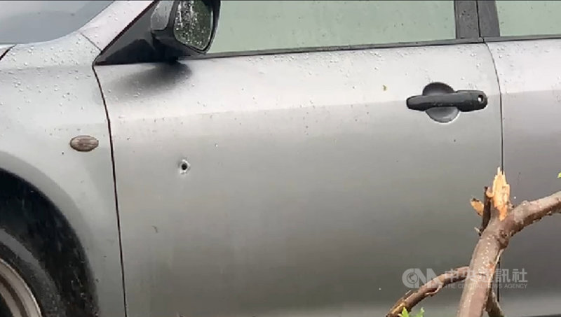 台東縣警察局刑警大隊17日跟監一名王姓通緝犯,要求對方停車,未料王嫌加速逃逸,刑警見狀立即朝王嫌自小客車連開7槍,其中1槍貫穿車輛、擊中王嫌左手臂,王嫌車輛因此暴衝進一旁釋迦園,驚動附近民眾。(民眾提供)中央社記者盧太城台東傳真 110年4月17日