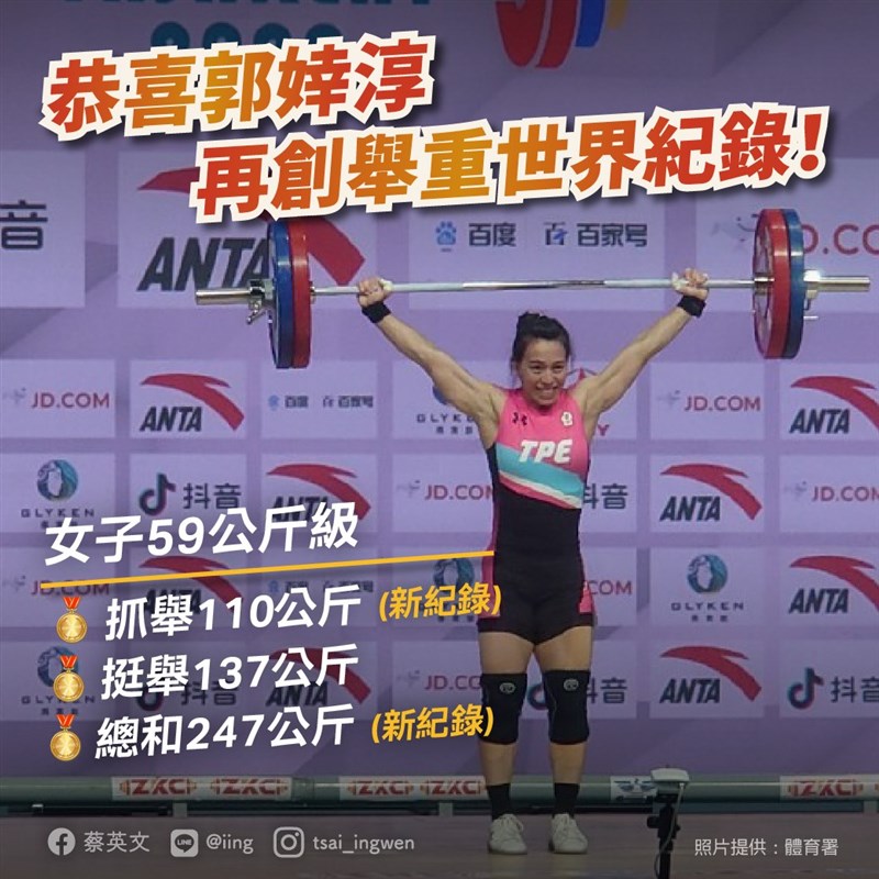 總統蔡英文19日恭喜舉重好手郭婞淳再創舉重世界紀錄。(圖取自facebook.com/tsaiingwen)