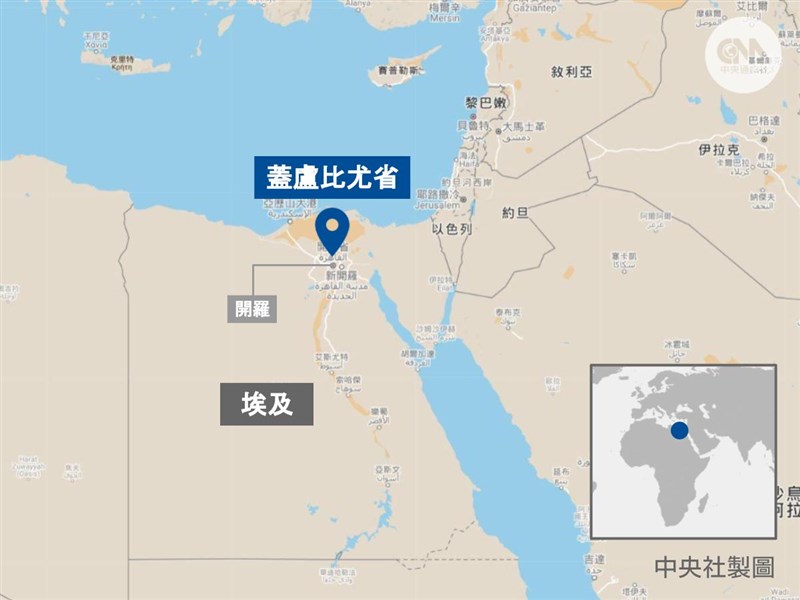 蓋盧比尤省位於埃及首都開羅北方。(中央社製圖)