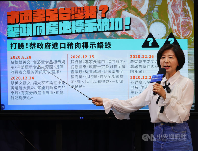 國民黨20日舉行「市面盡是台灣豬?蔡政府產地標示破功!」記者會,文傳會主委王育敏(圖)呼籲,政府應公布進口豬的細部流向,落實民眾食安「知的權利」。中央社記者謝佳璋攝 110年4月20日