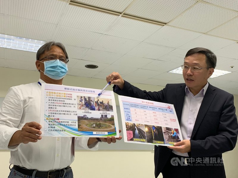 高雄市積極整備抗旱工程,市府水利局長蔡長展(右)20日指出,已攜手水利署積極開鑿60口井,同時也盤點防汛清淤。中央社記者王淑芬攝 110年4月20日
