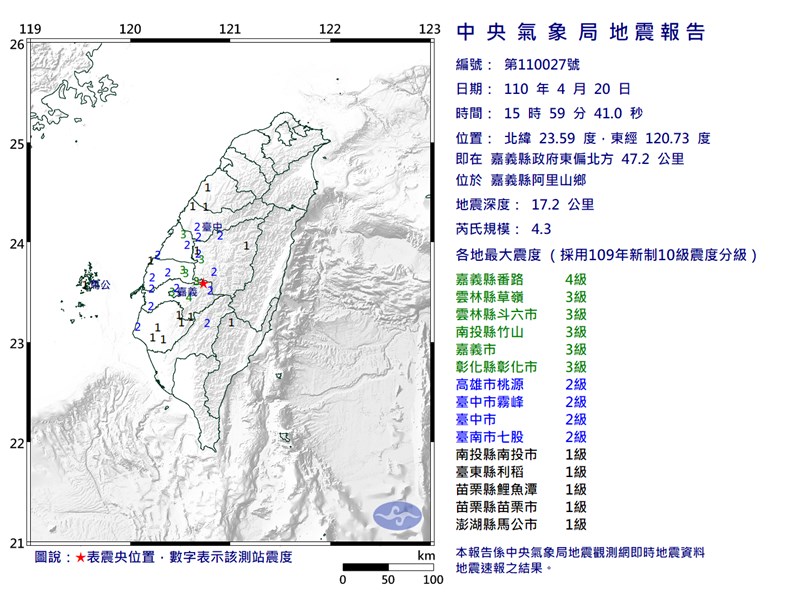 嘉義縣阿里山鄉地震規模4 3 最大震度4級 生活 重點新聞 中央社cna