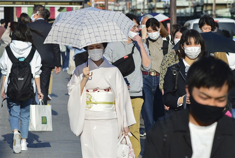 日本21日截至晚間6時止,單日已新增5283例2019冠狀病毒疾病確診病例,繼1月22日以來再度出現單日逾5000例。圖為21日京都民眾戴口罩。(共同社)