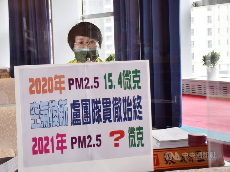 民進黨籍台中市議員張玉嬿22日在市議會定期會中關切空氣品質議題,她指出,去年全國PM2.5平均值為15微克,中市年平均值15.4微克在標準之下也算不及格。中央社記者趙麗妍攝 110年4月22日