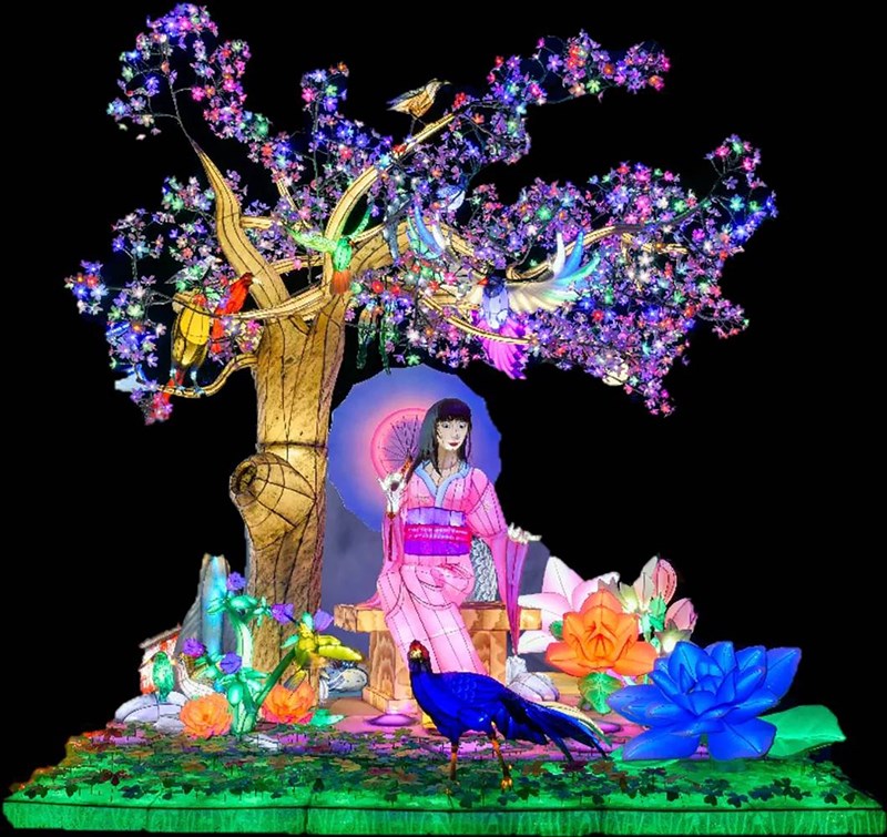 屏東監獄收容人今年打造的花燈作品「春曉」,是以櫻花樹為主體,呈現穿著日本傳統服裝女子撐傘坐在樹下,腳邊有孔雀及鮮豔花朵,樹上則有各色鳥類,五彩繽紛,讓看到的人都會說「美翻了!」(屏東監獄提供)中央社記者郭芷瑄傳真 110年4月22日