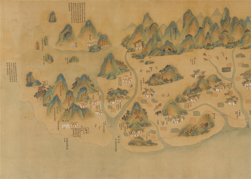 國立故宮博物院特展「說.古地圖」23日起登場,展出8幅古地圖,藉由說書形式,呈現地圖中的時代故事,圖為「康熙台灣輿圖」(局部)。(故宮博物院提供)中央社記者陳秉弘傳真 110年4月23日