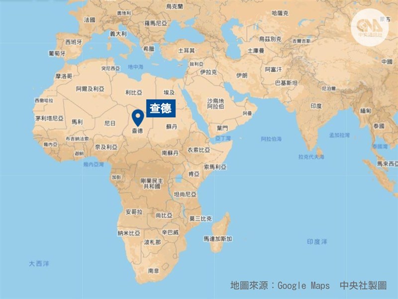 非洲國家查德長期掌權的總統德比與叛軍作戰重傷不治。圖為查德位置。(中央社)