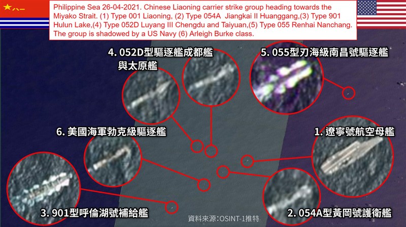 推特帳號OSINT-1發布衛星照片,內容可見美國海軍勃克級驅逐艦(編號6)混入遼寧號(編號1)航母編隊。(圖取自twitter.com/OSINT_1)