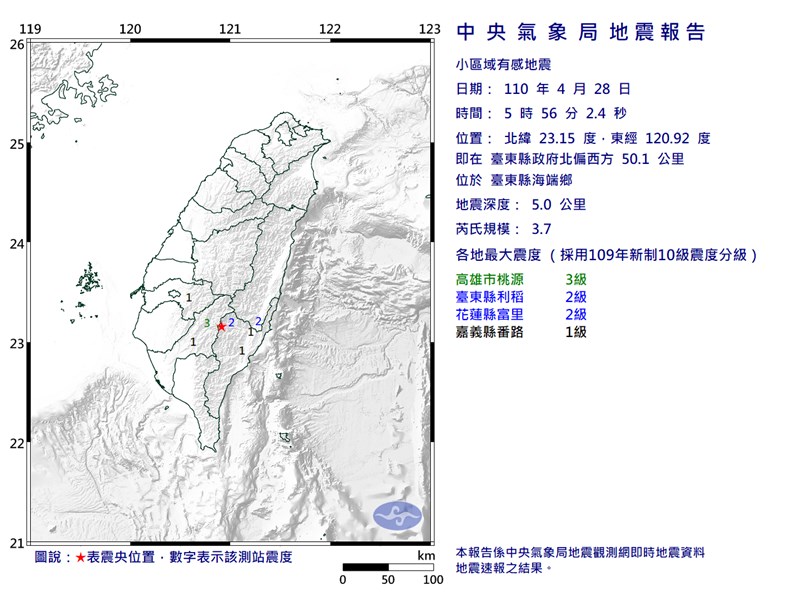 28日5時56分台東縣海端鄉又發生芮氏規模3.7地震，最大震度高雄市3級。（圖取自中央氣象局網頁cwb.gov.tw）