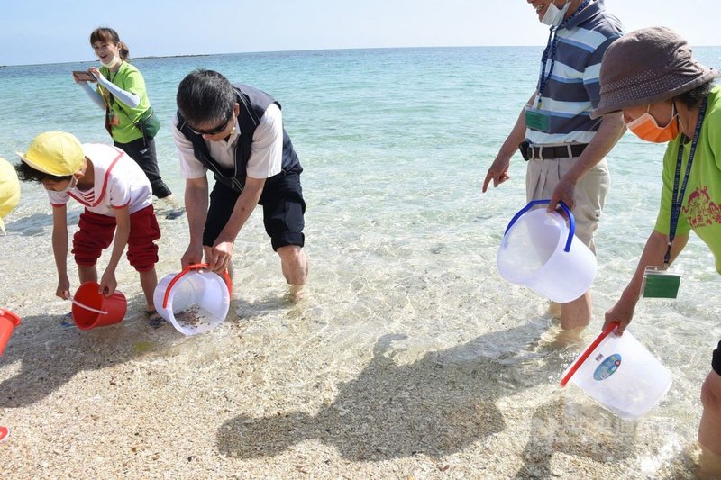馬公至美等幼兒園30日在龍門後灣海灘舉辦「大手牽小牽,攜手護家園」淨灘與放流活動,200多名幼童一起淨灘拾海漂垃圾和放流烏賊苗。(澎湖縣政府提供)中央社 110年4月30日