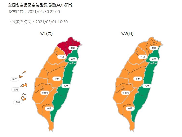 北部空品區1日位於下風處,為「紅色警示」等級。氣象局指出,各地高溫普遍可達30度左右,局部地區更可達32、33度或以上。(圖取自環保署網頁airtw.epa.gov.tw)