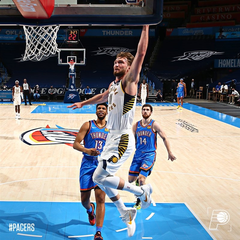 美國職籃NBA溜馬1日作客奧克拉荷馬市,長人沙波尼斯(灌籃者)半場不到就拿下大三元,終場一共砍下26分、19籃板與刷新生涯紀錄的14助攻。(圖取自twitter.com/Pacers)