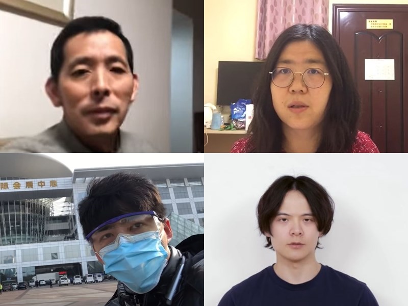 5月3日是世界新聞自由日,然而曾在武漢第一線報導疫情的公民記者方斌(左上)、張展(右上)、陳秋實(左下)、李澤華(右下),如今不是在押就是被管控。(左上至右下圖取自武漢直擊、張展、陳秋實、Kcriss Li李澤華YouTube網頁youtube.com)