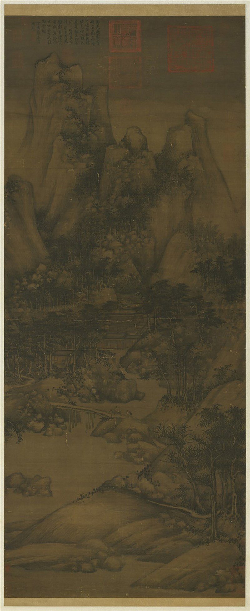 故宮南院人氣國寶展廳全面換新,4日起展出五代南唐巨然名畫「蕭翼賺蘭亭圖」,圖上蓋印「八徵耄念之寶」,是為慶賀清乾隆80大壽所特別製作。(故宮南院提供)中央社記者蔡智明傳真 110年5月4日