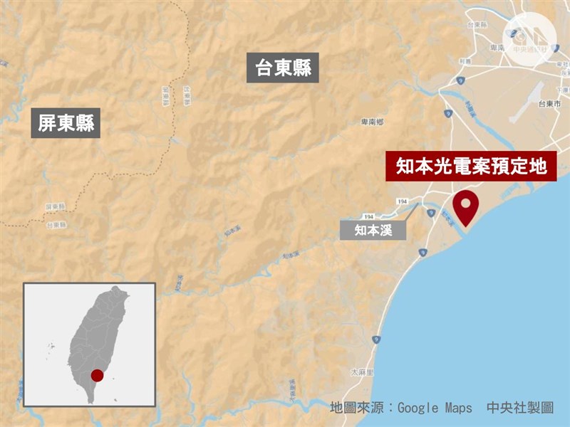 台東知本光電案(紅標處)位於知本溪出海口,占地161公頃,目前國內規劃中最大的光電開發案。(中央社製圖)