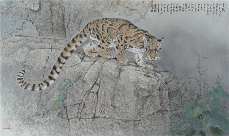 藝術家張克齊鑽研工筆畫,作品蘊含他對自然極致美的體悟並充滿人生哲理,他的不少創作皆描繪出台灣動植物的生命力。圖為張克齊作品「雲豹」。(國父紀念館提供)中央社記者陳秉弘傳真 110年5月8日