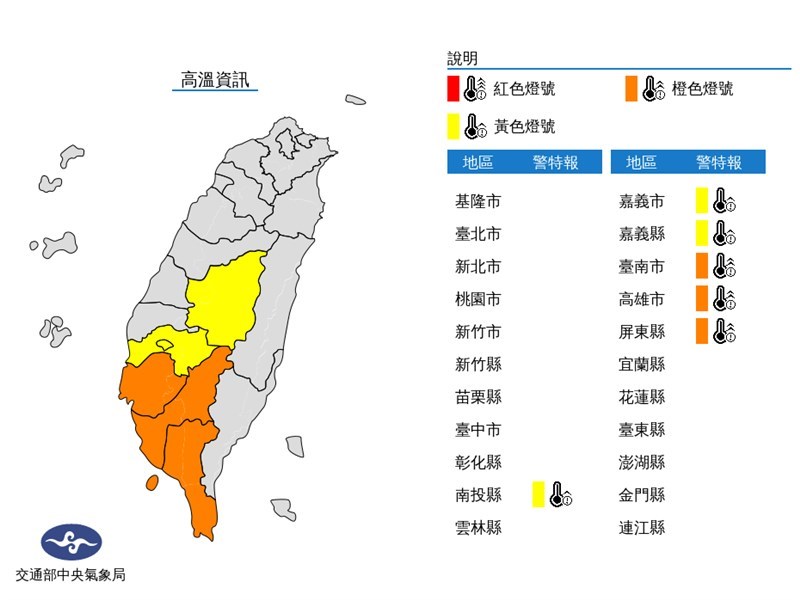 氣象局9日發布高溫燈號，台南市可能達攝氏38度；南投縣、嘉義縣市、高市及屏東縣可能達36度。（圖取自中央氣象局網頁cwb.gov.tw）