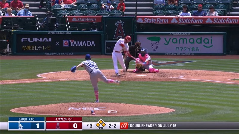 美國職棒大聯盟MLB洛杉磯天使與道奇的「洛城內戰」,天使靠華爾希(打者)3局下適時2分打點二壘安打,終場2比1贏球。(圖取自MLB YouTube頻道網頁youtube.com)