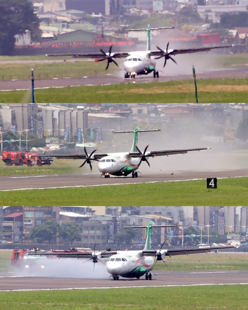立榮航空B79091航班從松山機場飛馬祖南竿機場,在南竿降落時撞到跑道,導致右輪有異物致3、4號主輪受損,要求回松機降落。圖為迫降連續畫面。中央社記者鄭傑文攝 110年5月10日