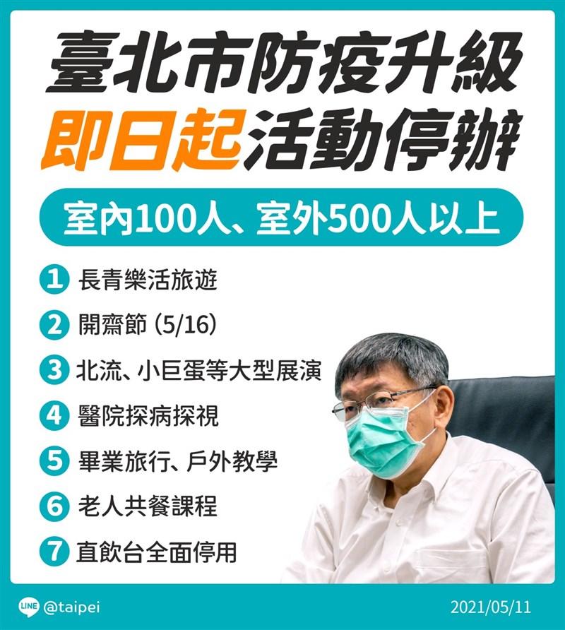 台北市11日宣布防疫升級,大型活動展演停辦。(台北市政府提供)
