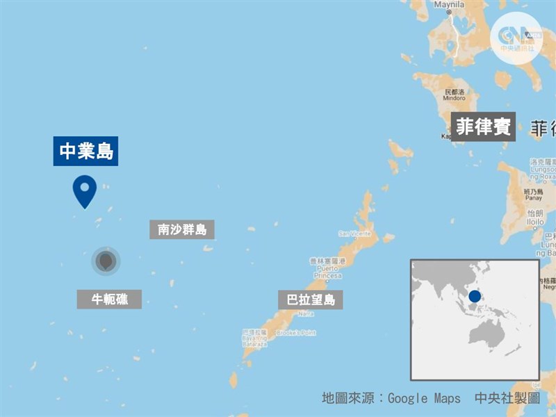 牛軛礁和中業島位於南沙群島海域。(中央社製圖)