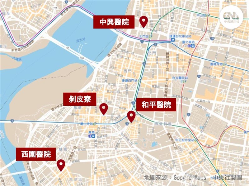 台北市聯醫的中興院區、和平院區、西園醫院及剝皮寮設置快篩站，開放曾到萬華就醫的民眾或到外地就醫的萬華民眾進行擴大採檢。（中央社製圖）