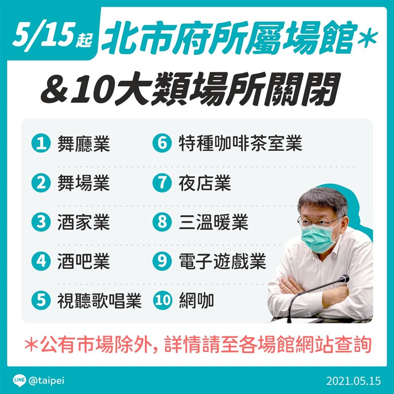 台北市長柯文哲宣布八大行業和網咖、電子遊戲業14日起停業。(台北市政府提供)